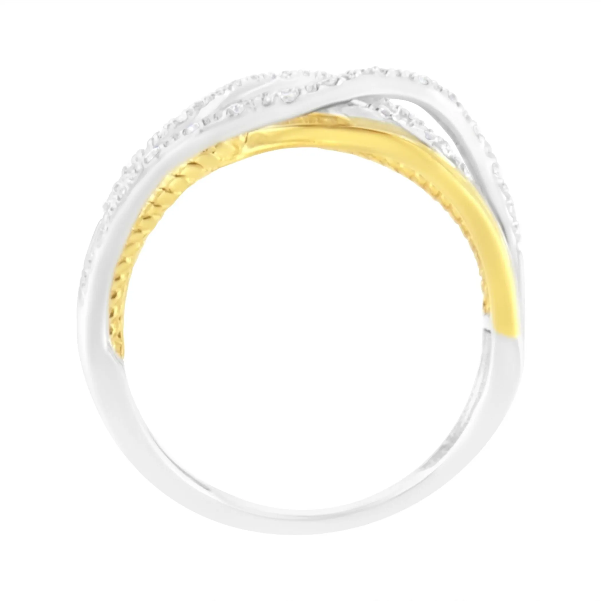 10K Yellow Gold Plated .925 Sterling Silver 1/10 Cttw Diamond Multi Row Crossover Ring Band (I-J Color, I1-I2 Clarity)