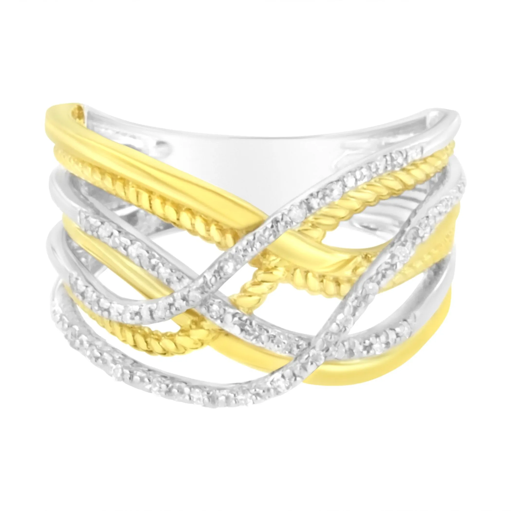 10K Yellow Gold Plated .925 Sterling Silver 1/10 Cttw Diamond Multi Row Crossover Ring Band (I-J Color, I1-I2 Clarity)