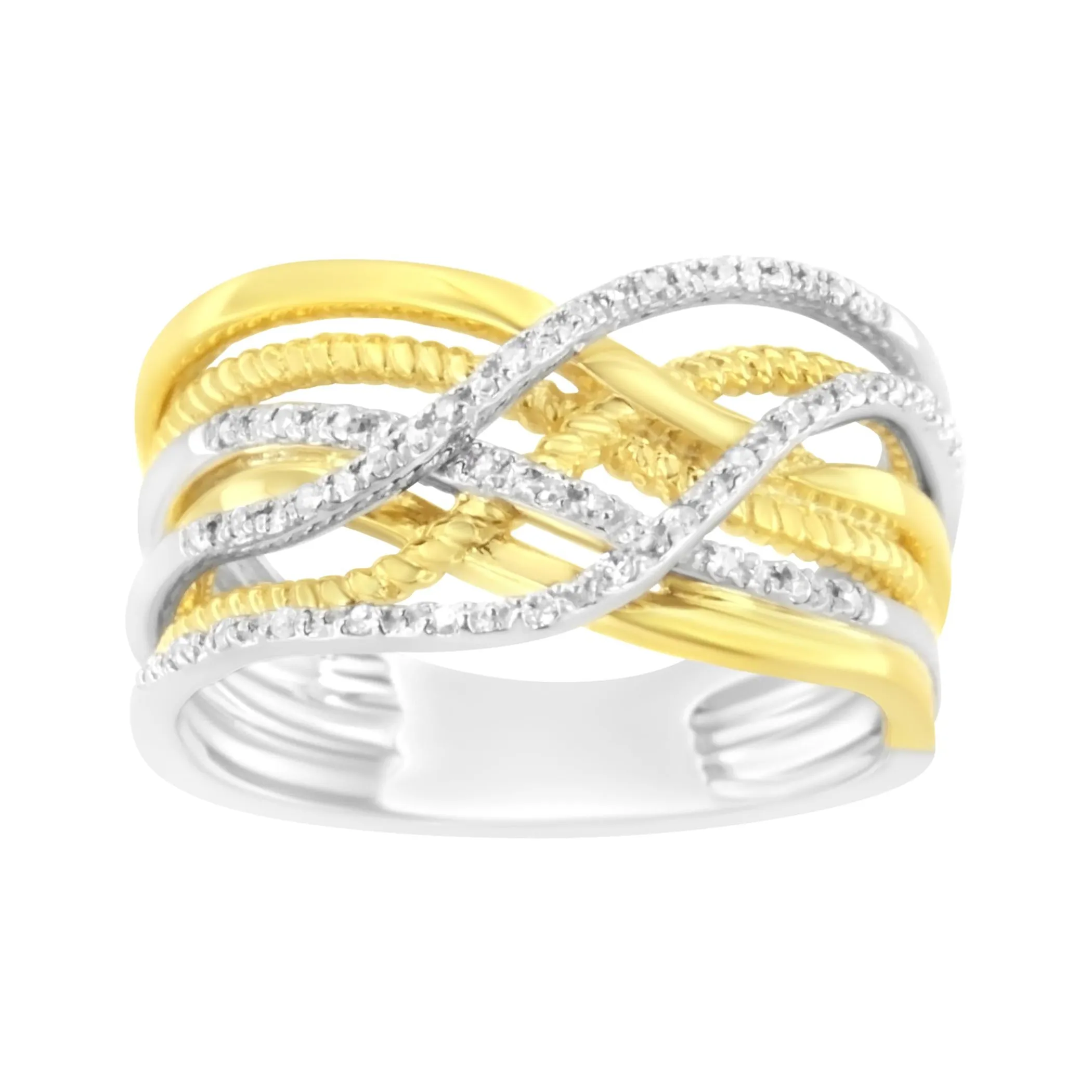 10K Yellow Gold Plated .925 Sterling Silver 1/10 Cttw Diamond Multi Row Crossover Ring Band (I-J Color, I1-I2 Clarity)