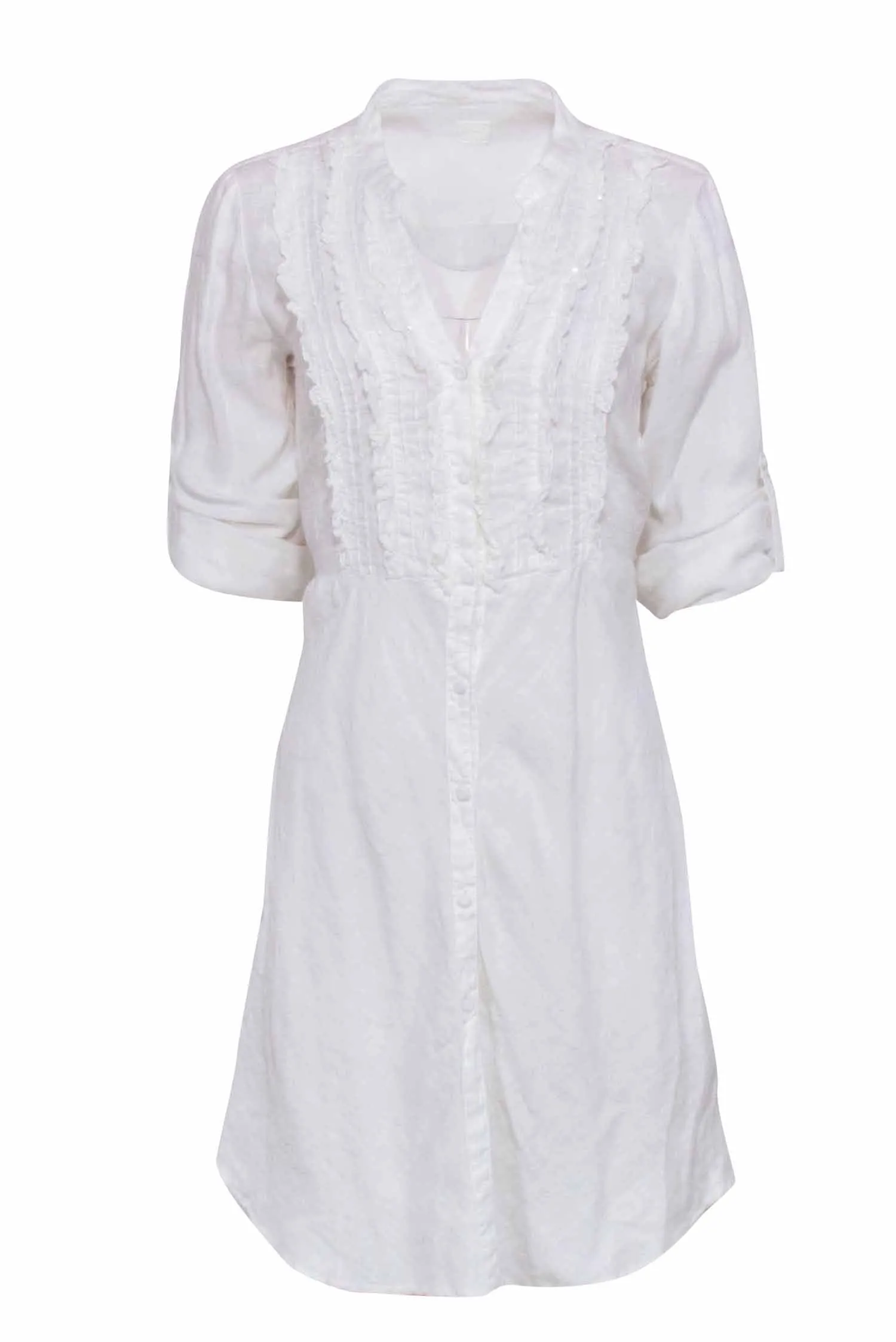 120% Lino - White Long Sleeve Linen Dress w/ Sparkle Middle Front Sz 8