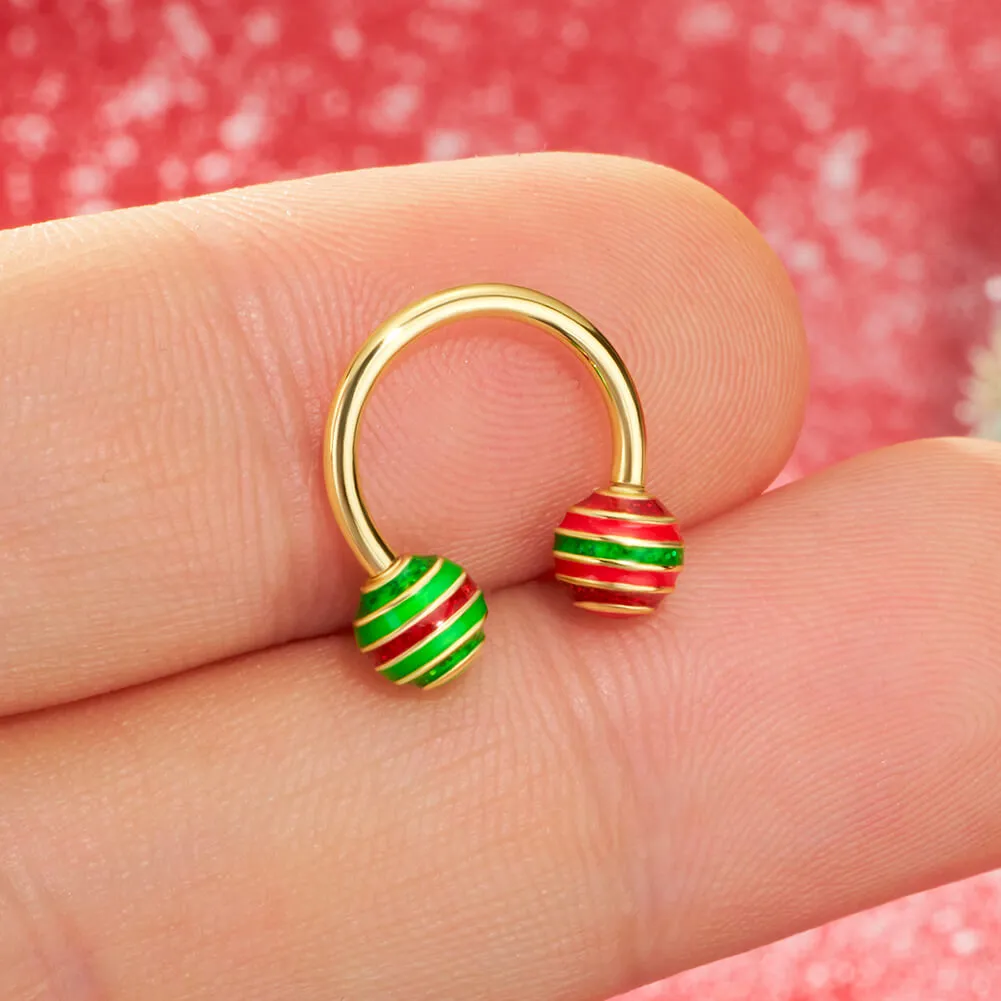 16G Internally Threaded Christmas Baubles Striped Pattern Horseshoe Septum Ring