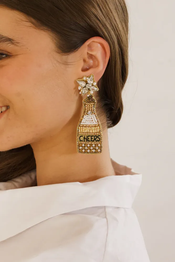 Beaded Gold Cheers Champagne Bottle Earring