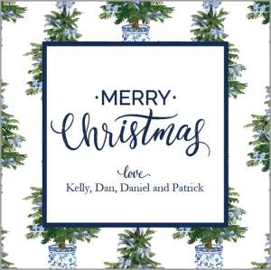 Blue Bows Christmas Tree Pattern Personalized Gift Sticker | Set of 24