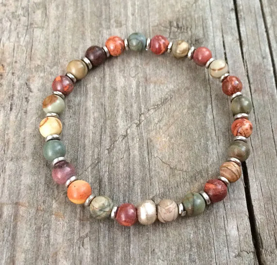 Colorful boho bracelet with silver accents, boho jewelry, stretch bracelet