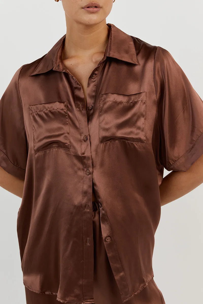 EVANS SHINY CHOC SILK VACAY SHIRT