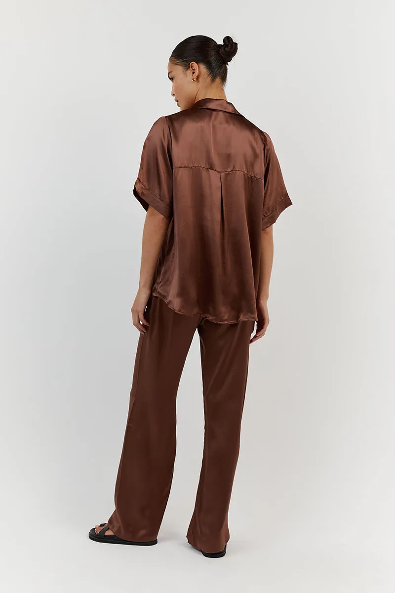 EVANS SHINY CHOC SILK VACAY SHIRT