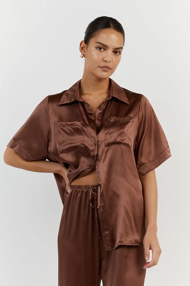 EVANS SHINY CHOC SILK VACAY SHIRT