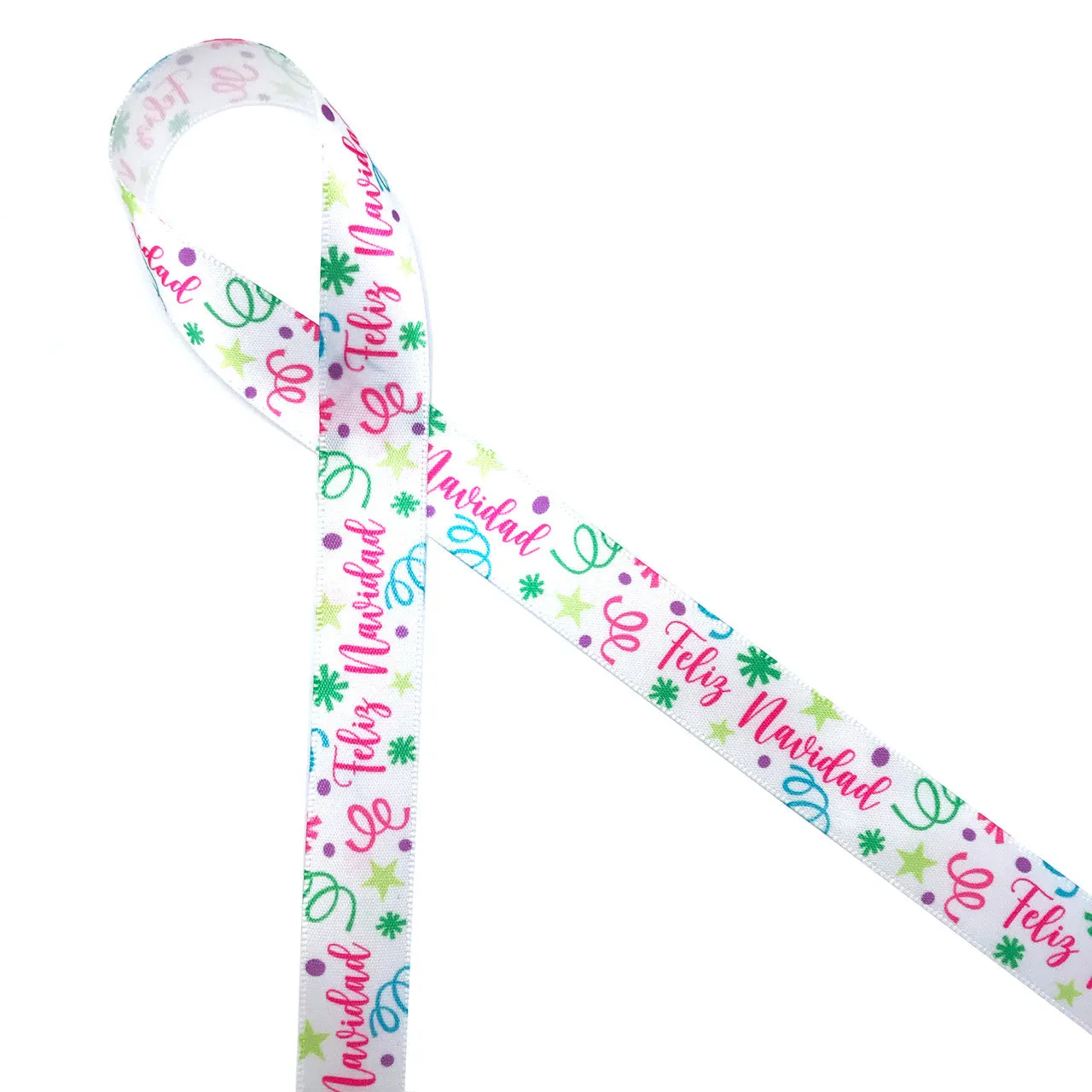 Feliz Navidad Ribbon with confetti and streamers in pink, green, blue and purple printed on 5/8" white single face satin