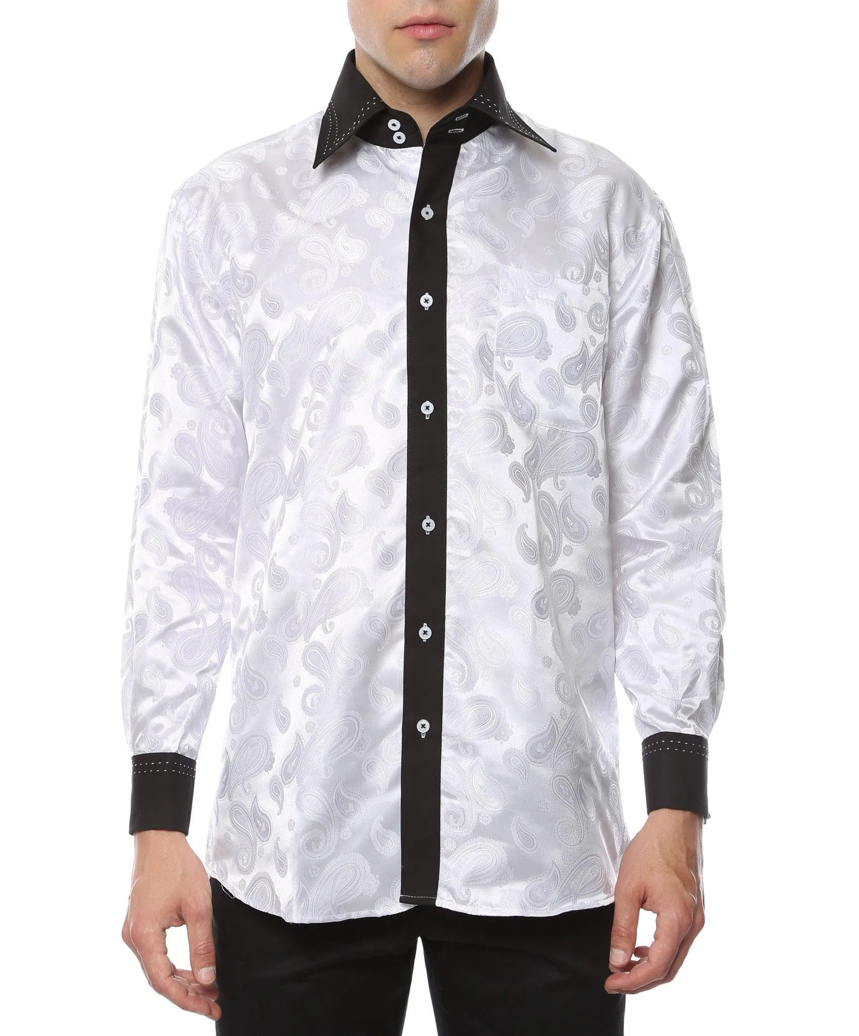 Ferrecci Men's Satine Hi-1003 White Black Flower Button Down Dress Shirt