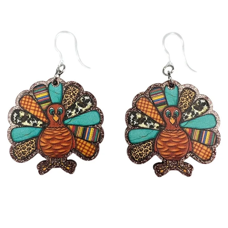 Patterned Turkey Dangles Hypoallergenic Earrings for Sensitive Ears Made with Plastic Posts