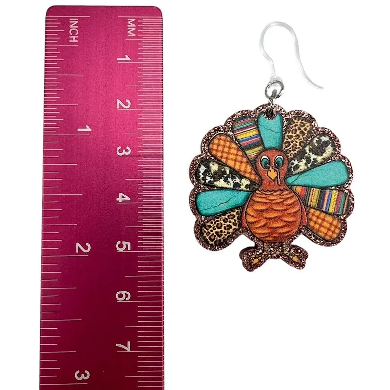 Patterned Turkey Dangles Hypoallergenic Earrings for Sensitive Ears Made with Plastic Posts