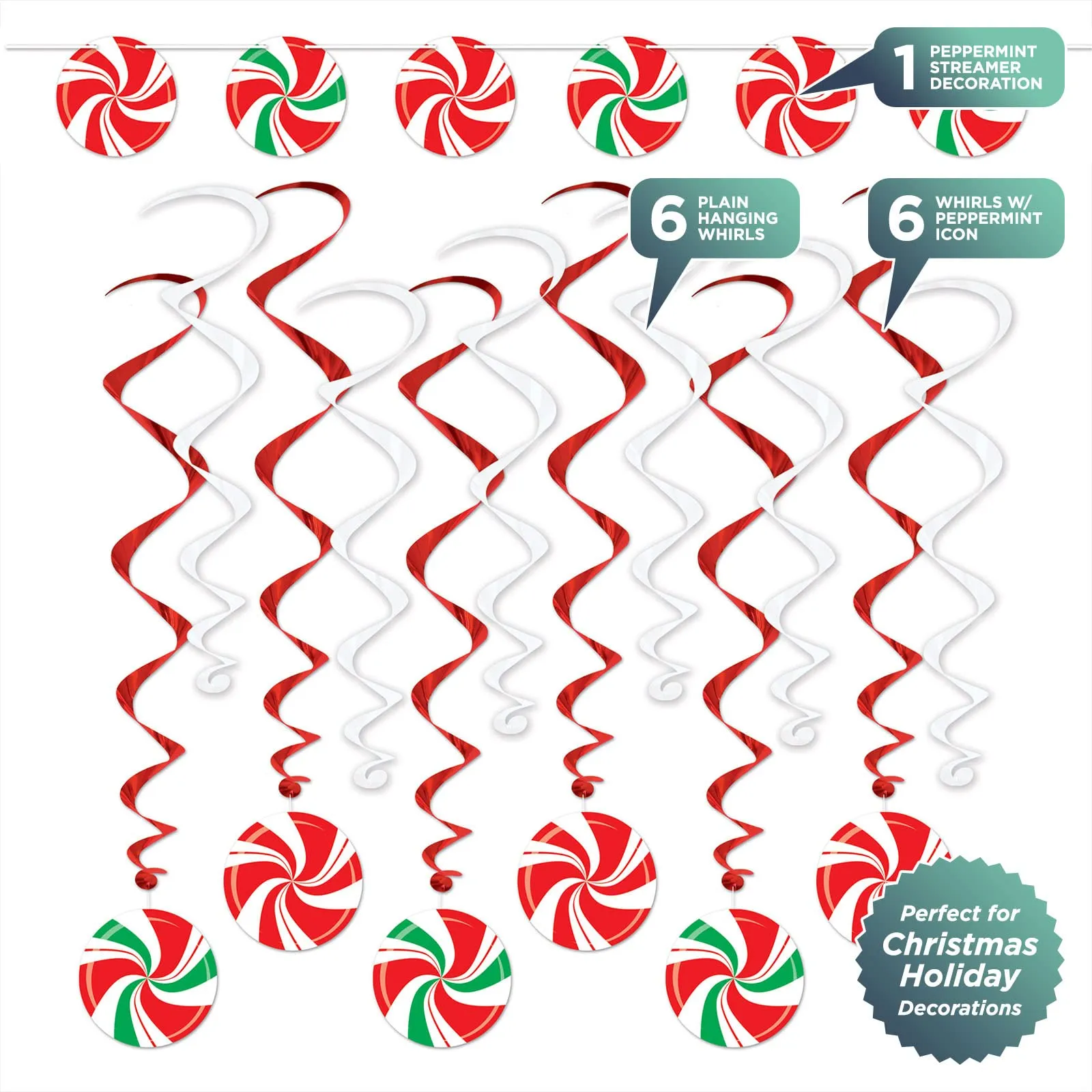 Peppermint Swirl Red & Green Christmas Holiday Whirls and Streamer Decorations