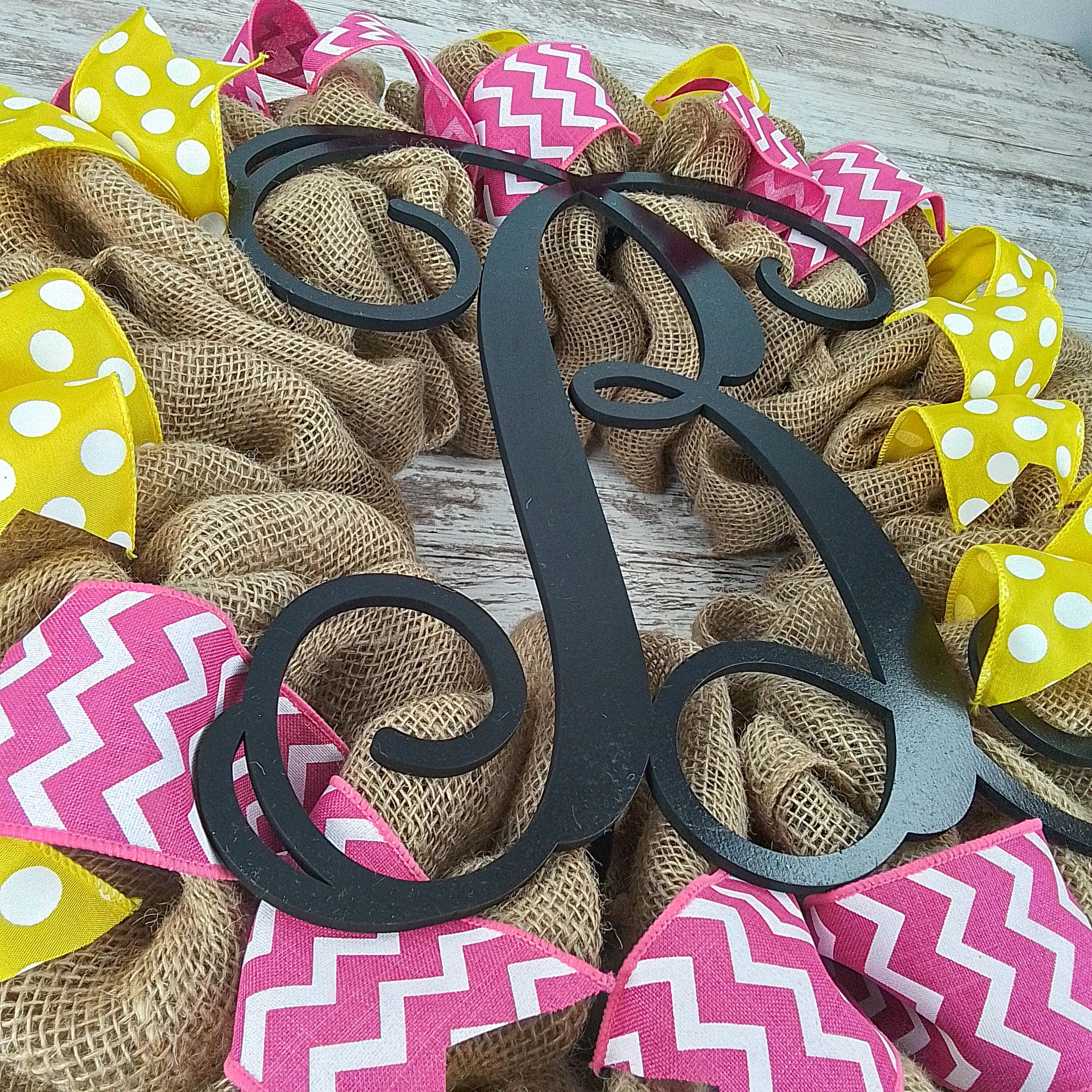 Personalized Burlap Wreath, Monogram Door Decor, Rustic Ribbon Wreath