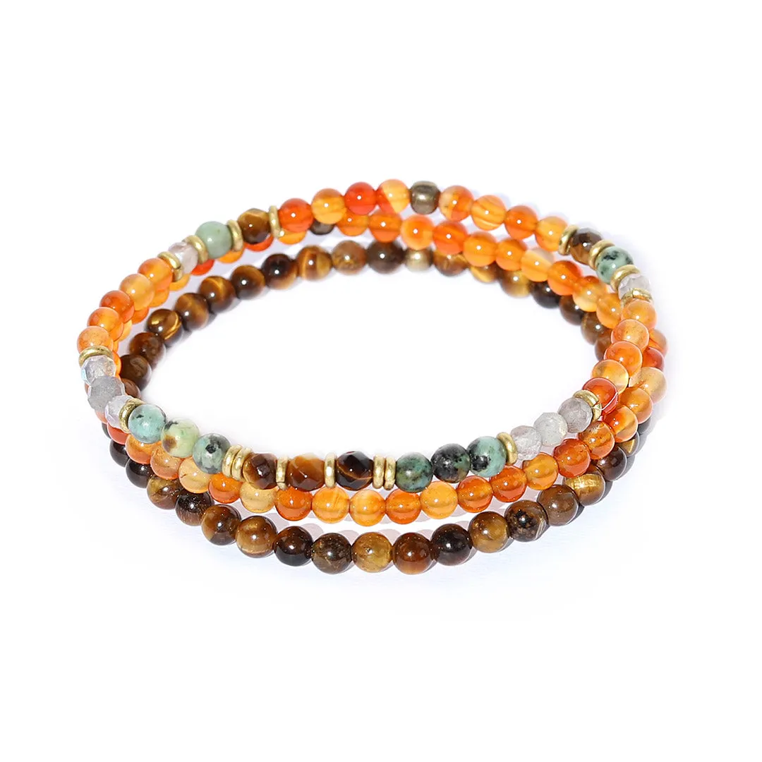 Vitality and Prosperity Carnelian and Tigers Eye Delicate Bracelet Stack