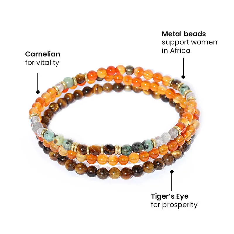 Vitality and Prosperity Carnelian and Tigers Eye Delicate Bracelet Stack