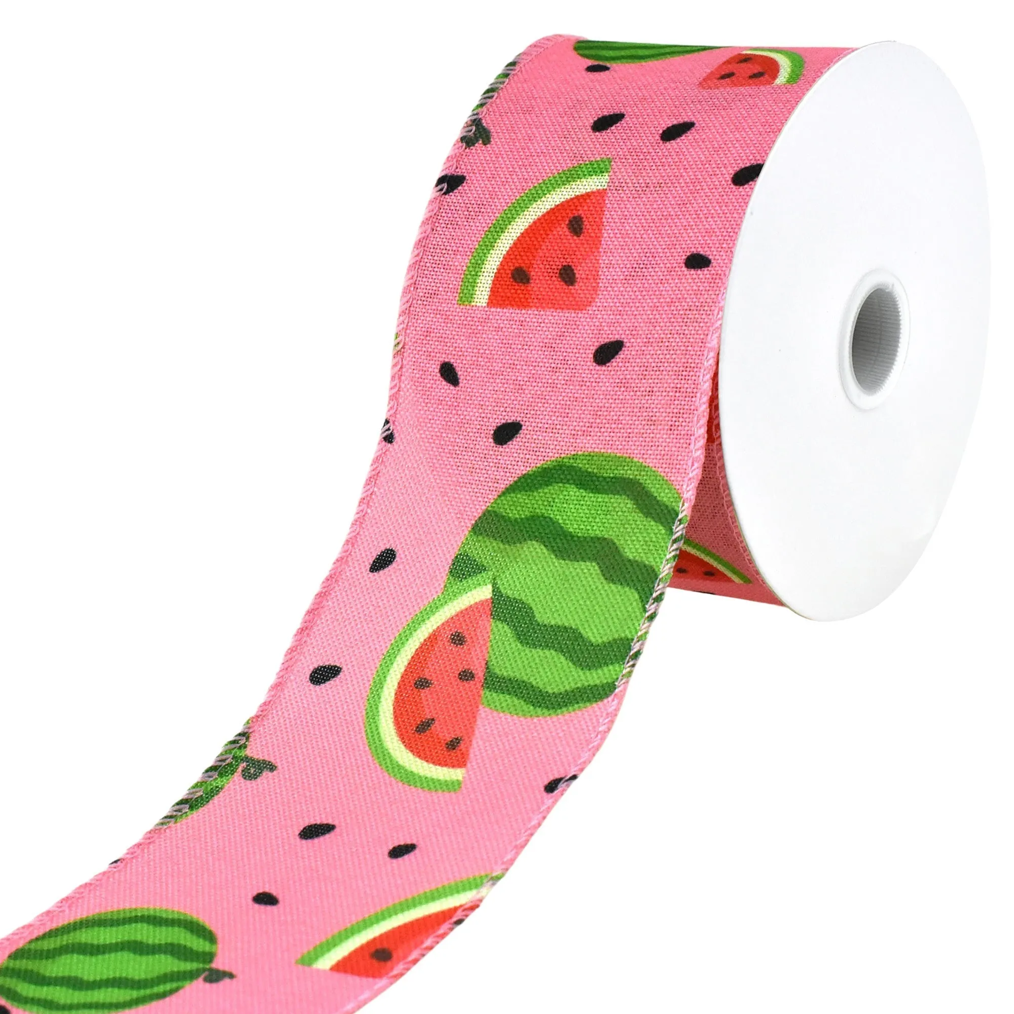 Watermelon and Seeds Faux Linen Wired Ribbon, 2-1/2-Inch, 10-Yard